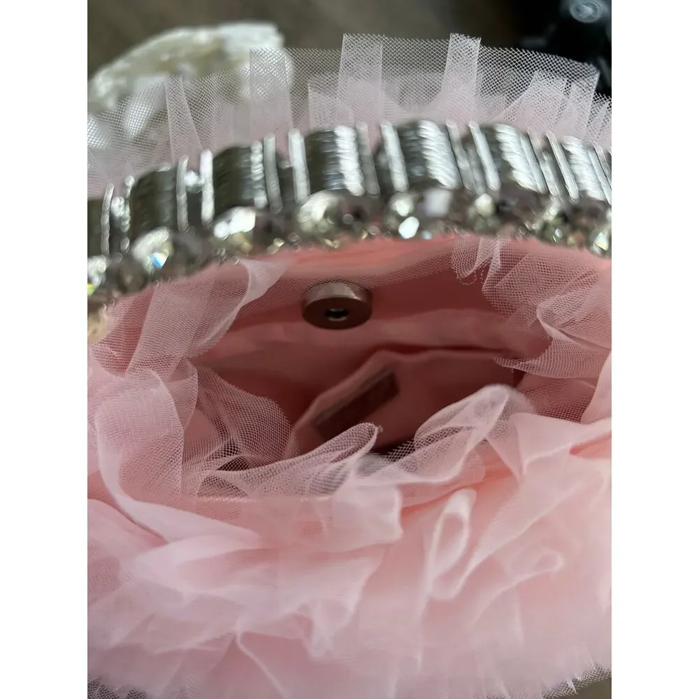 Jewel by Badgley Mischka Pink Tulle Layered Ruffle Pouch Clutch - OS